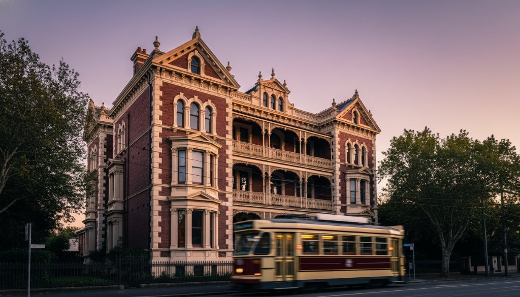 An epic, dramatically lit photograph showcasing intricate Victorian architecture in Brighton, Victoria, with a golden hour glow, perfectly illustrating Brighton Victorian architecture photography tips.