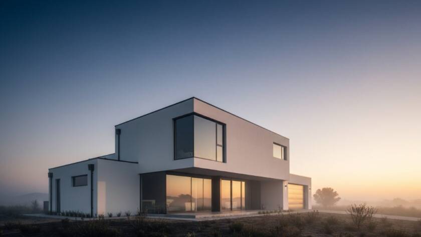 A dramatic sunset shot of a new, minimalist residential building in Brookfield, Victoria, showcasing its clean lines and reflective glass, an example of stunning modern architectural photography in Brookfield. The sky is ablaze with orange and purple hues, reflecting on the facade, with a lone figure admiring the view, captured in an epic moment.