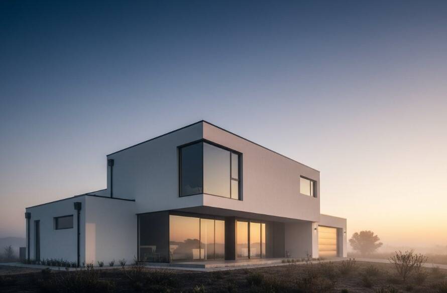 A dramatic sunset shot of a new, minimalist residential building in Brookfield, Victoria, showcasing its clean lines and reflective glass, an example of stunning modern architectural photography in Brookfield. The sky is ablaze with orange and purple hues, reflecting on the facade, with a lone figure admiring the view, captured in an epic moment.