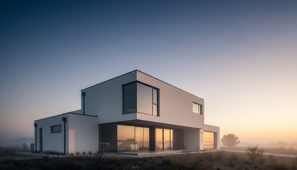 A dramatic sunset shot of a new, minimalist residential building in Brookfield, Victoria, showcasing its clean lines and reflective glass, an example of stunning modern architectural photography in Brookfield. The sky is ablaze with orange and purple hues, reflecting on the facade, with a lone figure admiring the view, captured in an epic moment.