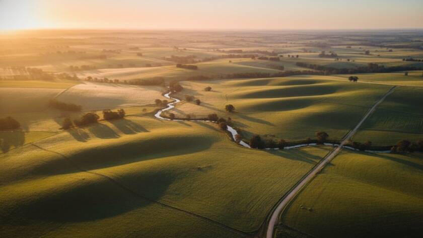 An epic aerial shot showcasing the vast, rolling green hills and patchwork farmlands of Brookfield, Victoria, under a dramatic sunrise, captured with professional Brookfield drone photography breathtaking views Victoria, highlighting the serene rural beauty.