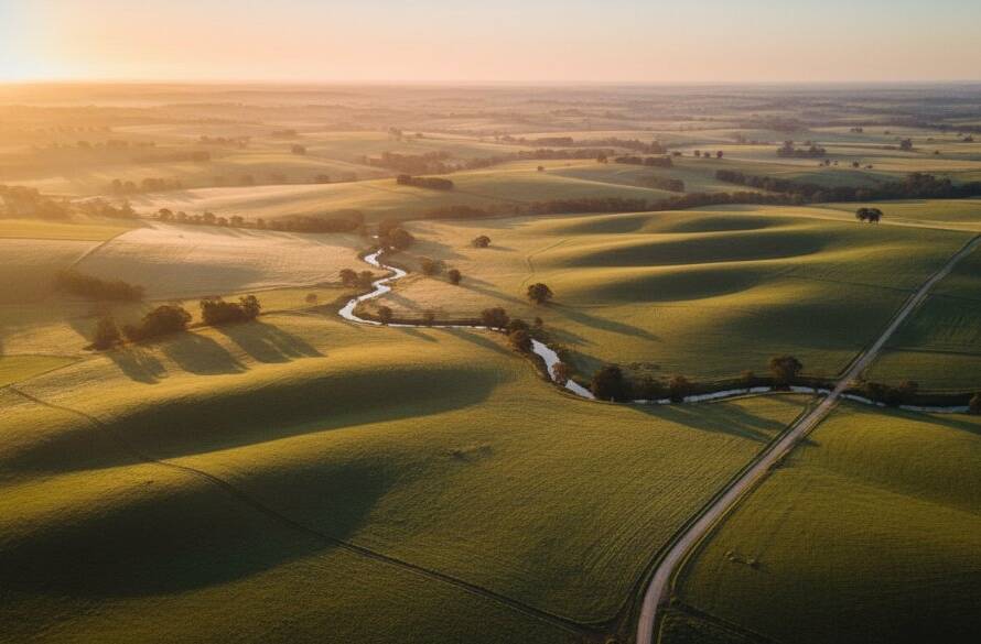 An epic aerial shot showcasing the vast, rolling green hills and patchwork farmlands of Brookfield, Victoria, under a dramatic sunrise, captured with professional Brookfield drone photography breathtaking views Victoria, highlighting the serene rural beauty.
