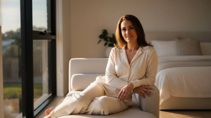 A stunning, soft-focus portrait of a woman looking confidently into the camera, capturing an empowering Brookfield intimate boudoir photography experience Victoria, with dramatic natural light filtering through a window in a luxurious, minimalist bedroom setting.