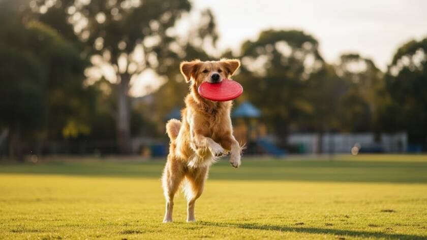 An epic moment in Brookfield pet photography capturing joyful canine moments, featuring a golden retriever mid-leap with a frisbee in a sunny park, dynamic and professionally colour-graded.
