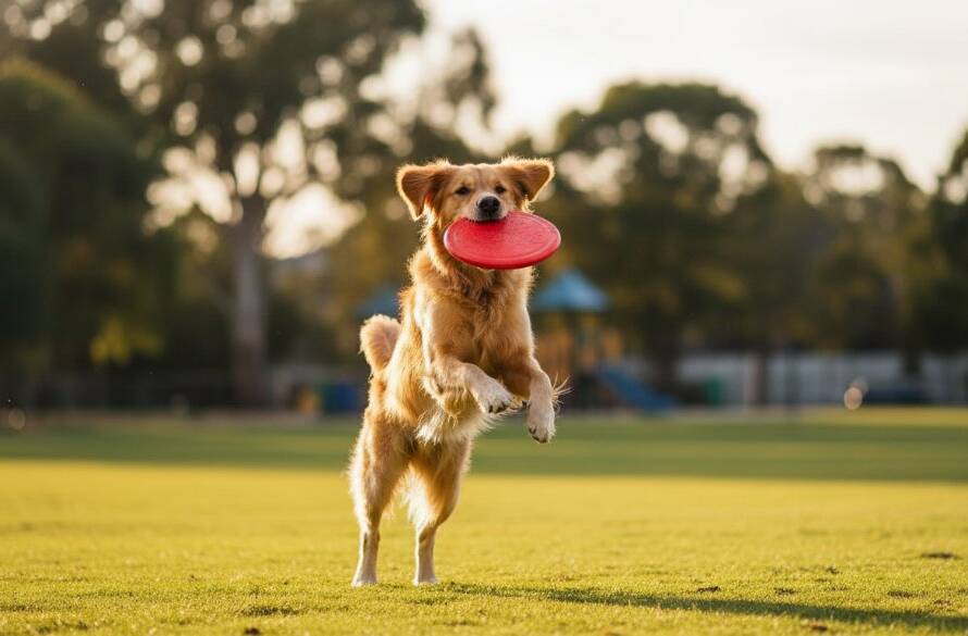 An epic moment in Brookfield pet photography capturing joyful canine moments, featuring a golden retriever mid-leap with a frisbee in a sunny park, dynamic and professionally colour-graded.