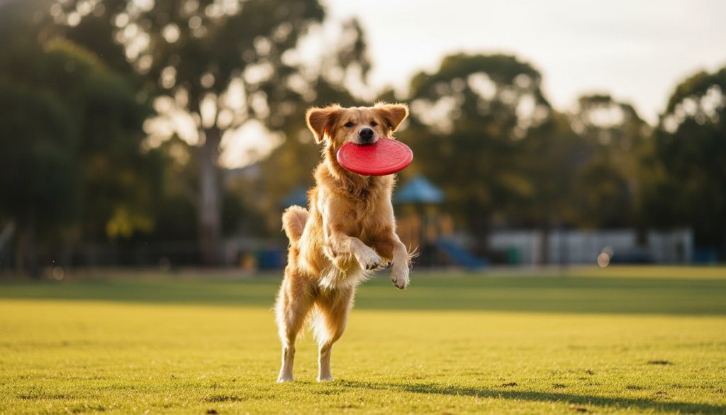 An epic moment in Brookfield pet photography capturing joyful canine moments, featuring a golden retriever mid-leap with a frisbee in a sunny park, dynamic and professionally colour-graded.
