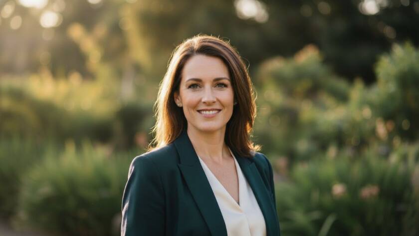 A confident female executive in her late 30s smiles genuinely in an outdoor setting in Brookfield, Victoria, embodying success and approachability, perfect for Brookfield professional headshots for career advancement. Dramatic golden hour light illuminates her, highlighting her professional yet warm demeanor, with a blurred natural backdrop suggesting growth and opportunity.