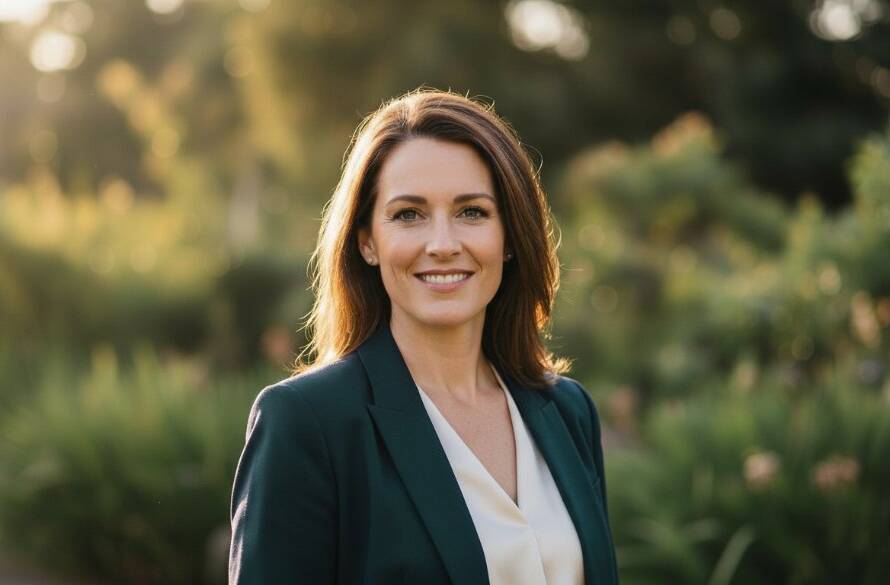A confident female executive in her late 30s smiles genuinely in an outdoor setting in Brookfield, Victoria, embodying success and approachability, perfect for Brookfield professional headshots for career advancement. Dramatic golden hour light illuminates her, highlighting her professional yet warm demeanor, with a blurred natural backdrop suggesting growth and opportunity.
