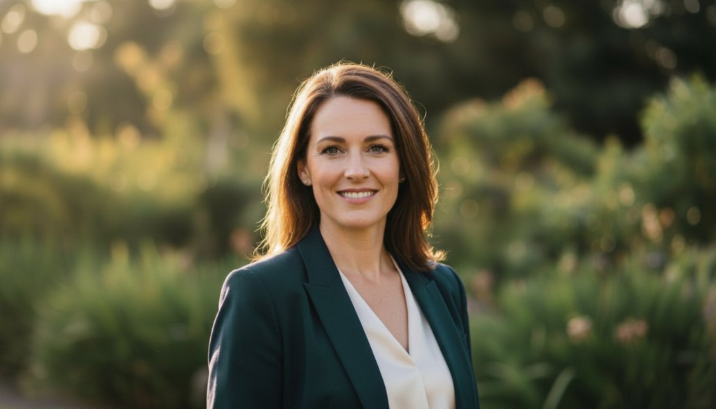 A confident female executive in her late 30s smiles genuinely in an outdoor setting in Brookfield, Victoria, embodying success and approachability, perfect for Brookfield professional headshots for career advancement. Dramatic golden hour light illuminates her, highlighting her professional yet warm demeanor, with a blurred natural backdrop suggesting growth and opportunity.