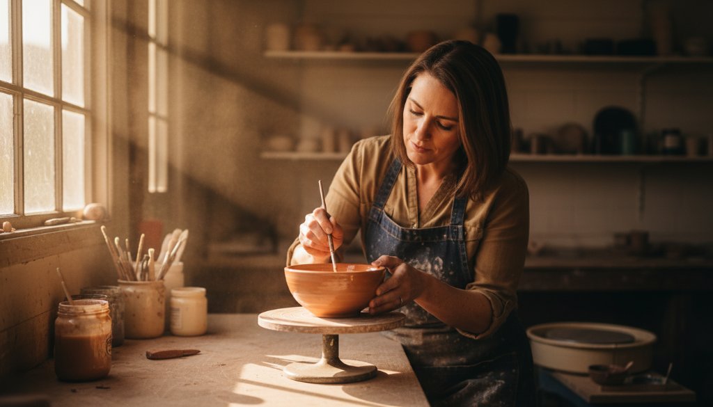 An epic moment captured in Brookfield Victoria bespoke advertising photography, featuring a local artisan passionately crafting a unique product with dramatic, warm backlighting in a rustic workshop setting, highlighting intricate details and dedication.