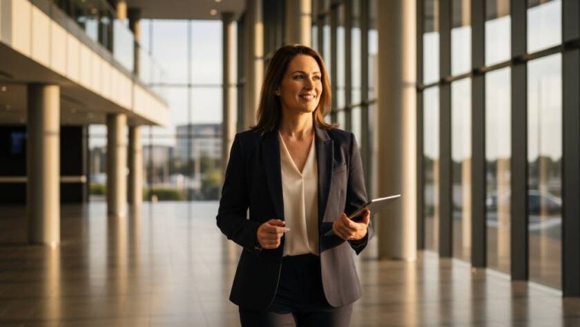 Dramatic and professionally lit close-up of a confident business leader, mid-conversation, against a softly blurred Brookfield urban background, showcasing Brookfield Victoria corporate headshots capturing leadership in an epic moment style.
