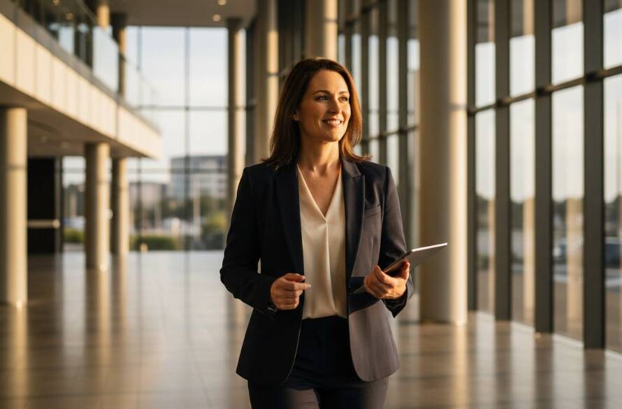 Dramatic and professionally lit close-up of a confident business leader, mid-conversation, against a softly blurred Brookfield urban background, showcasing Brookfield Victoria corporate headshots capturing leadership in an epic moment style.