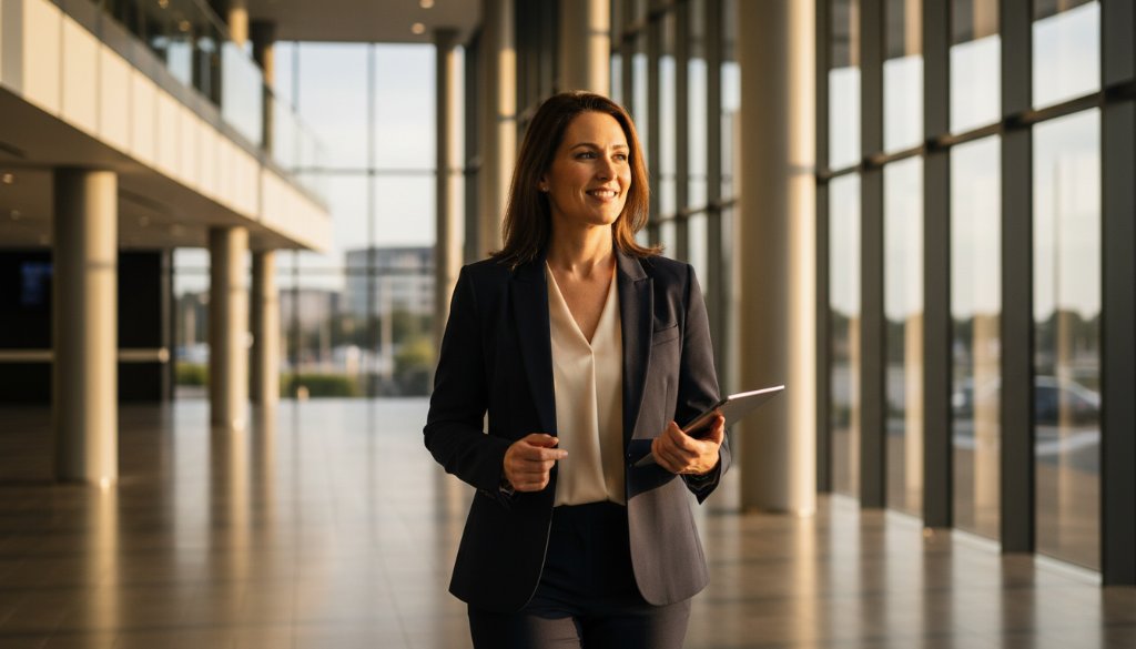 Dramatic and professionally lit close-up of a confident business leader, mid-conversation, against a softly blurred Brookfield urban background, showcasing Brookfield Victoria corporate headshots capturing leadership in an epic moment style.