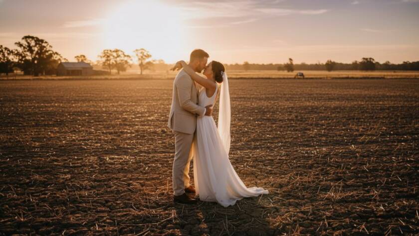 A beautifully composed photograph showcasing a newly married couple embracing at sunset amidst the rustic charm of Brookfield, Victoria, embodying intimate wedding photography with warm, golden hour light highlighting their joy.