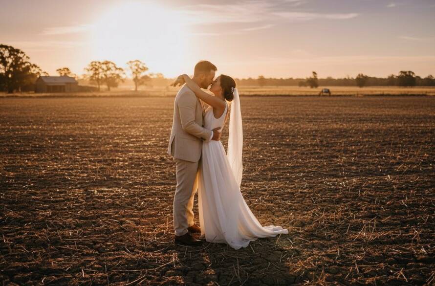 A beautifully composed photograph showcasing a newly married couple embracing at sunset amidst the rustic charm of Brookfield, Victoria, embodying intimate wedding photography with warm, golden hour light highlighting their joy.