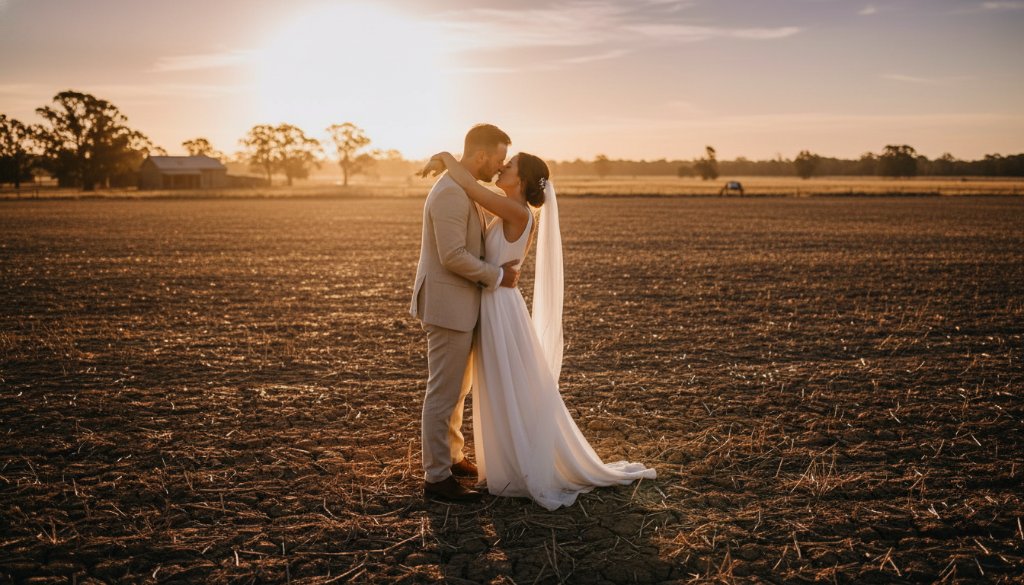 A beautifully composed photograph showcasing a newly married couple embracing at sunset amidst the rustic charm of Brookfield, Victoria, embodying intimate wedding photography with warm, golden hour light highlighting their joy.