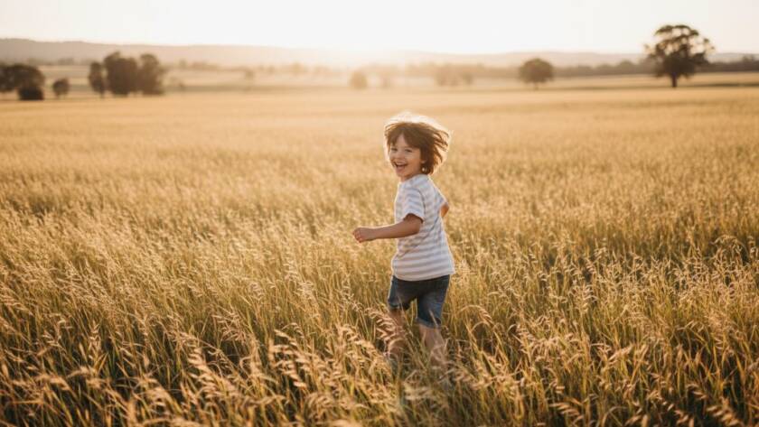 A wide shot capturing a Brookfield Victoria kids photography playful outdoor photoshoot, featuring a child running joyfully through a field at golden hour, dramatic lighting, and natural motion blur, embodying pure childhood bliss.