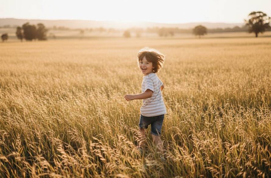 A wide shot capturing a Brookfield Victoria kids photography playful outdoor photoshoot, featuring a child running joyfully through a field at golden hour, dramatic lighting, and natural motion blur, embodying pure childhood bliss.