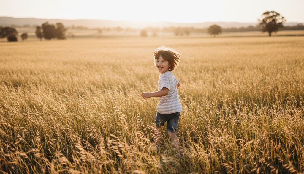 A wide shot capturing a Brookfield Victoria kids photography playful outdoor photoshoot, featuring a child running joyfully through a field at golden hour, dramatic lighting, and natural motion blur, embodying pure childhood bliss.