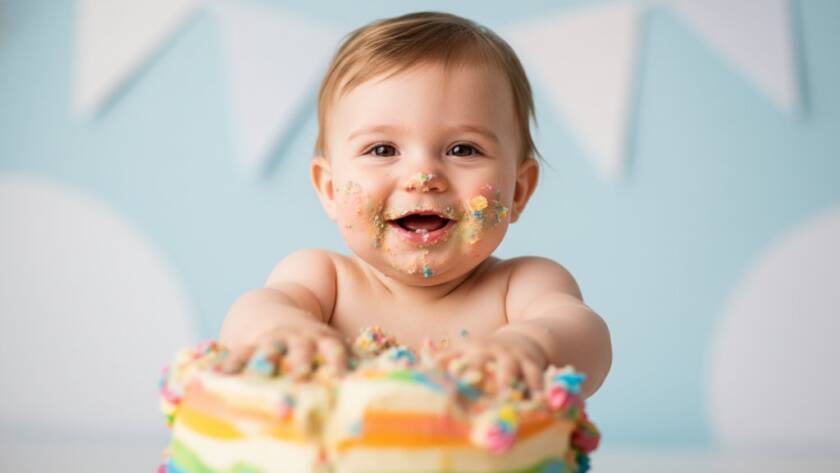 A dramatically lit, close-up, high-angle professional photograph capturing a baby's joyous, messy expression during a Brooklyn Victoria cake smash photography session, with hands plunged into a colourful cake and frosting splattered on their face, set against a soft, pastel backdrop, evoking pure, uninhibited first birthday delight.