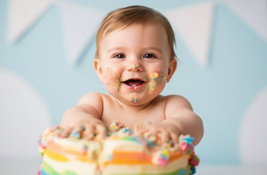 A dramatically lit, close-up, high-angle professional photograph capturing a baby's joyous, messy expression during a Brooklyn Victoria cake smash photography session, with hands plunged into a colourful cake and frosting splattered on their face, set against a soft, pastel backdrop, evoking pure, uninhibited first birthday delight.