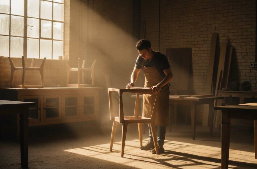An epic moment captured through Brooklyn Victoria editorial photography for local businesses, showing a passionate artisan expertly crafting bespoke items in their sunlit Brooklyn workshop, bathed in dramatic, golden hour light.