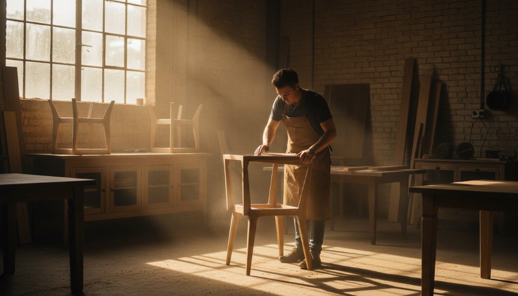 An epic moment captured through Brooklyn Victoria editorial photography for local businesses, showing a passionate artisan expertly crafting bespoke items in their sunlit Brooklyn workshop, bathed in dramatic, golden hour light.