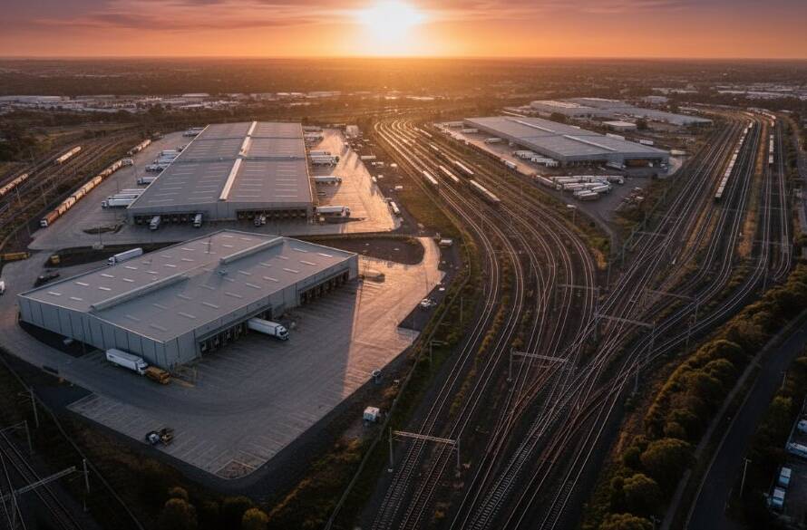 An epic aerial photograph showcasing Brooklyn Victoria's industrial drone photography experts' work, capturing the expansive scale of the Western Treatment Plant at sunset with dramatic orange and purple hues reflecting on the water, highlighting its unique infrastructure from a high vantage point.