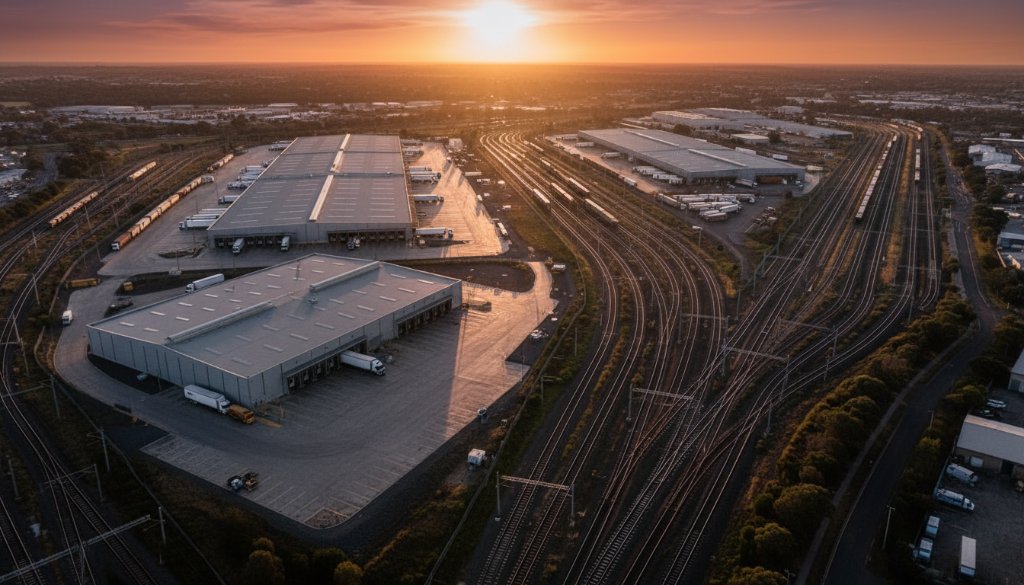 An epic aerial photograph showcasing Brooklyn Victoria's industrial drone photography experts' work, capturing the expansive scale of the Western Treatment Plant at sunset with dramatic orange and purple hues reflecting on the water, highlighting its unique infrastructure from a high vantage point.