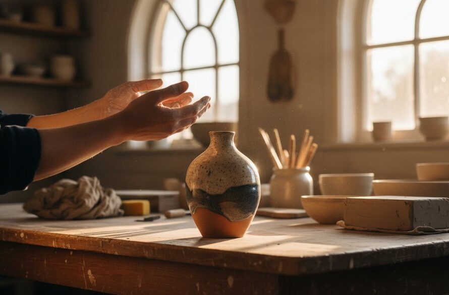 An exquisite close-up shot showcasing the intricate details of a handcrafted ceramic bowl, dramatically lit to highlight its texture against a rustic timber backdrop in a Brown Hill artisan workshop, embodying Brown Hill artisan product photography excellence.