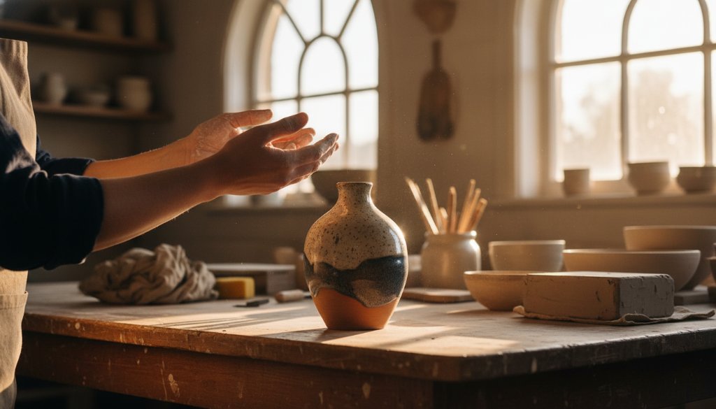 An exquisite close-up shot showcasing the intricate details of a handcrafted ceramic bowl, dramatically lit to highlight its texture against a rustic timber backdrop in a Brown Hill artisan workshop, embodying Brown Hill artisan product photography excellence.