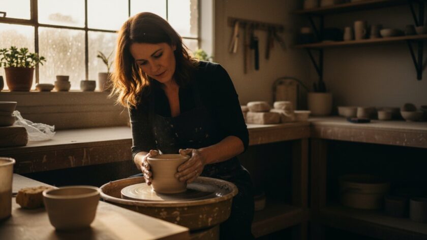 Dynamic, cinematic photograph showcasing Brown Hill bespoke commercial photography services, featuring a local artisan passionately crafting their product in a beautifully lit workshop, conveying dedication and quality.