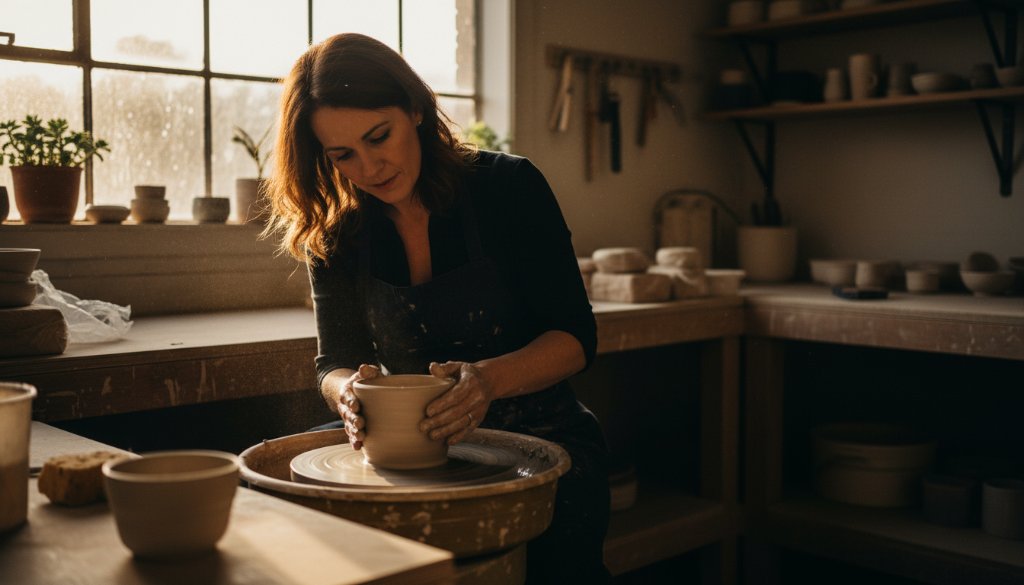Dynamic, cinematic photograph showcasing Brown Hill bespoke commercial photography services, featuring a local artisan passionately crafting their product in a beautifully lit workshop, conveying dedication and quality.