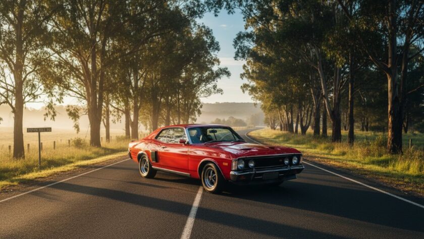 An epic moment of Brown Hill Car Photography Capturing Automotive Soul: A pristine vintage muscle car, bathed in dramatic golden hour light, parked majestically on a scenic Brown Hill road with the rolling Victorian landscape in the background, exuding power and elegance.