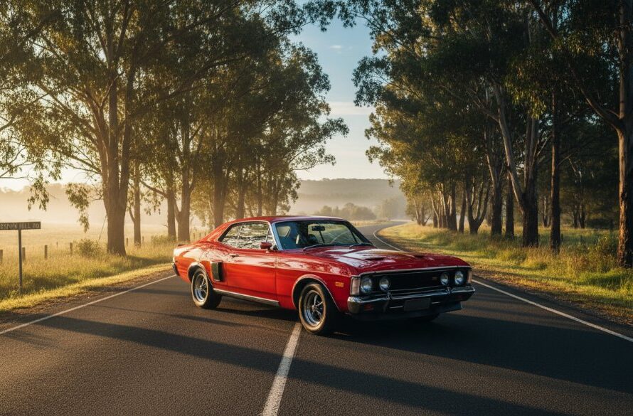An epic moment of Brown Hill Car Photography Capturing Automotive Soul: A pristine vintage muscle car, bathed in dramatic golden hour light, parked majestically on a scenic Brown Hill road with the rolling Victorian landscape in the background, exuding power and elegance.