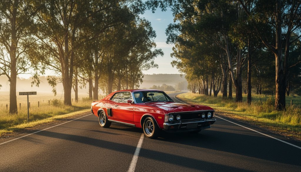 An epic moment of Brown Hill Car Photography Capturing Automotive Soul: A pristine vintage muscle car, bathed in dramatic golden hour light, parked majestically on a scenic Brown Hill road with the rolling Victorian landscape in the background, exuding power and elegance.