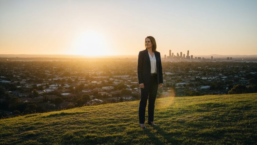 An inspiring and dynamic Brown Hill corporate headshot elevating professional presence, featuring a confident business leader silhouetted against a golden hour Ballarat skyline, dramatic lens flare highlighting their determined expression, captured with professional lighting and cinematic colour grading.