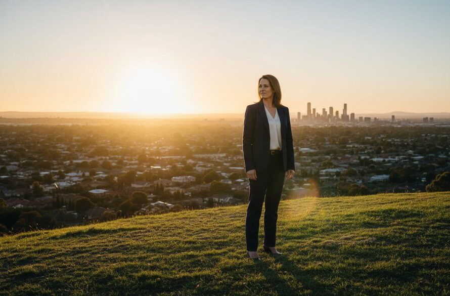An inspiring and dynamic Brown Hill corporate headshot elevating professional presence, featuring a confident business leader silhouetted against a golden hour Ballarat skyline, dramatic lens flare highlighting their determined expression, captured with professional lighting and cinematic colour grading.