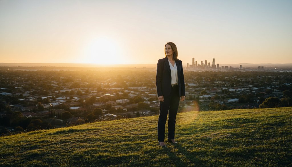 An inspiring and dynamic Brown Hill corporate headshot elevating professional presence, featuring a confident business leader silhouetted against a golden hour Ballarat skyline, dramatic lens flare highlighting their determined expression, captured with professional lighting and cinematic colour grading.