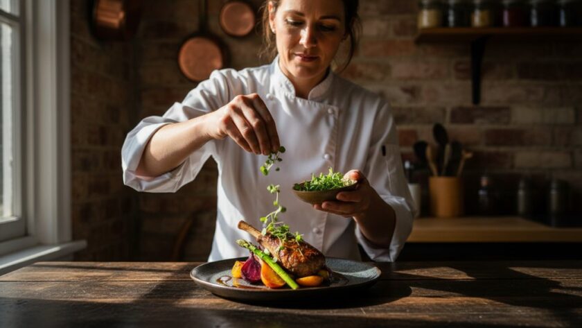Dramatic close-up of a chef in a rustic Brown Hill cafe kitchen carefully garnishing a vibrant, locally-sourced dish, illuminated by warm, natural light, epitomising Brown Hill culinary photography Victoria local flavours.