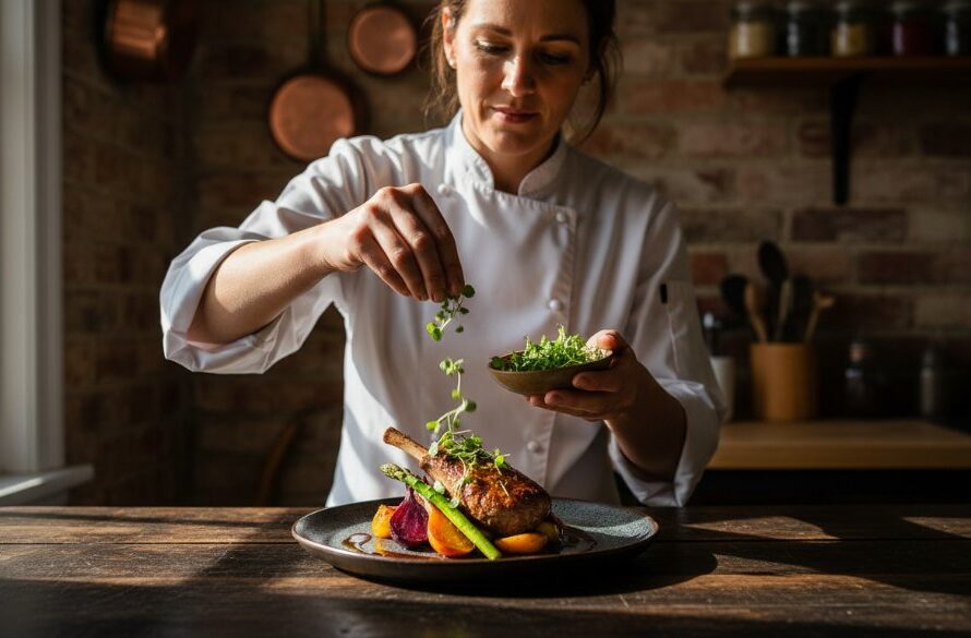 Dramatic close-up of a chef in a rustic Brown Hill cafe kitchen carefully garnishing a vibrant, locally-sourced dish, illuminated by warm, natural light, epitomising Brown Hill culinary photography Victoria local flavours.