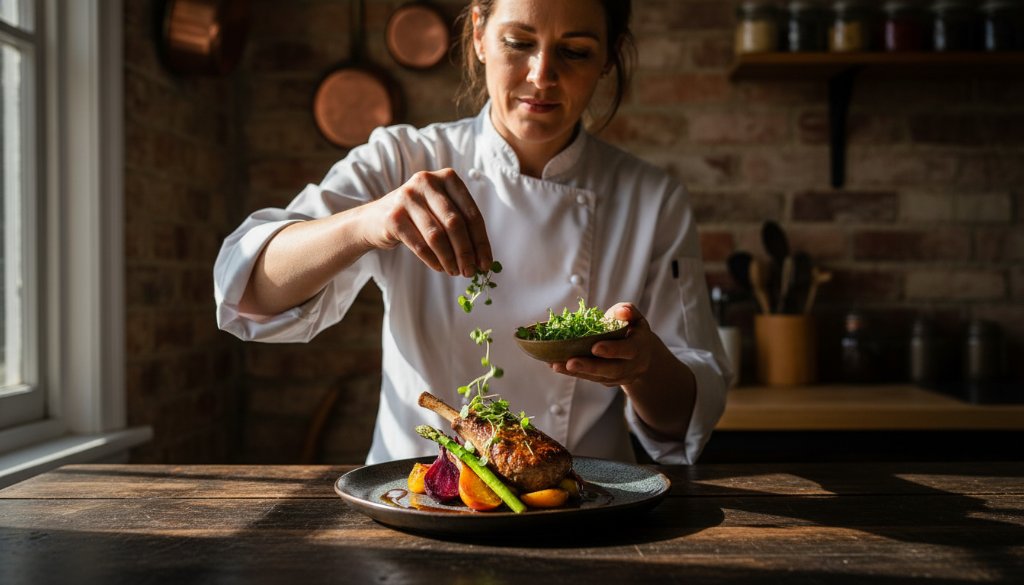 Dramatic close-up of a chef in a rustic Brown Hill cafe kitchen carefully garnishing a vibrant, locally-sourced dish, illuminated by warm, natural light, epitomising Brown Hill culinary photography Victoria local flavours.