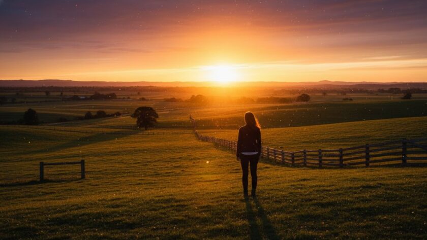 A dramatic and artfully composed shot showcasing Brown Hill Fine Art Photography Capturing Heritage, featuring an individual silhouetted against a golden hour landscape in rural Victoria, emphasizing historical architecture and artistic depth.