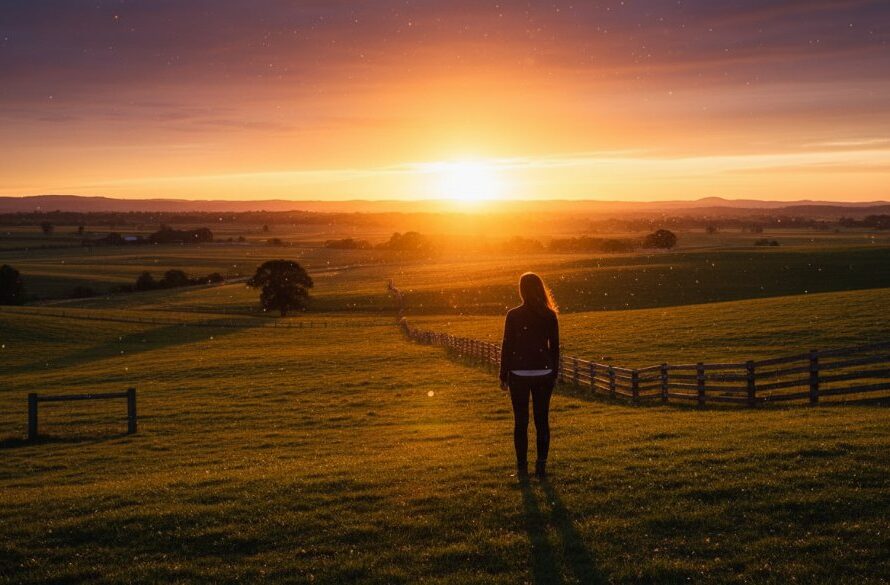 A dramatic and artfully composed shot showcasing Brown Hill Fine Art Photography Capturing Heritage, featuring an individual silhouetted against a golden hour landscape in rural Victoria, emphasizing historical architecture and artistic depth.