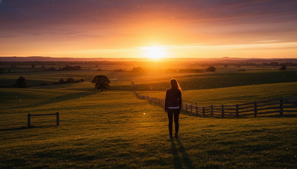 A dramatic and artfully composed shot showcasing Brown Hill Fine Art Photography Capturing Heritage, featuring an individual silhouetted against a golden hour landscape in rural Victoria, emphasizing historical architecture and artistic depth.