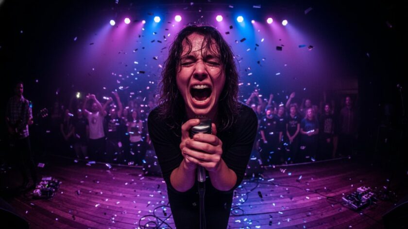 An epic wide-angle shot of a lead guitarist mid-shred under dramatic stage lighting at a Brown Hill live music venue, perfectly showcasing Brown Hill live music photography capturing energy.
