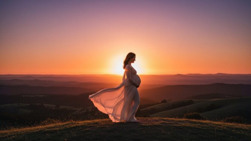 A glowing expectant mother in a flowing gown, silhouetted by the warm golden hour light during her Brown Hill Maternity Photoshoot Victoria Serene Outdoor session, standing gracefully amidst the serene, rolling hills of Brown Hill, Victoria, capturing an epic, ethereal moment of natural beauty.
