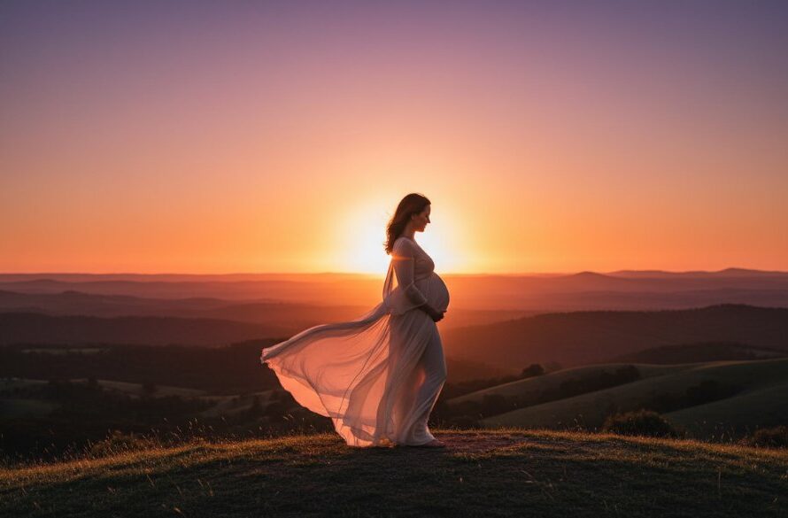 A glowing expectant mother in a flowing gown, silhouetted by the warm golden hour light during her Brown Hill Maternity Photoshoot Victoria Serene Outdoor session, standing gracefully amidst the serene, rolling hills of Brown Hill, Victoria, capturing an epic, ethereal moment of natural beauty.