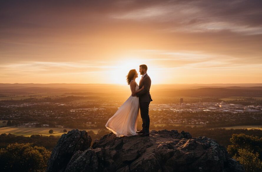 A sweeping panoramic shot showcasing a couple embracing passionately at sunset on a Brown Hill lookout, with the Ballarat landscape stretching in the background, embodying Brown Hill pre-wedding photography Ballarat intimate moments.