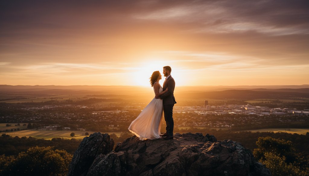A sweeping panoramic shot showcasing a couple embracing passionately at sunset on a Brown Hill lookout, with the Ballarat landscape stretching in the background, embodying Brown Hill pre-wedding photography Ballarat intimate moments.